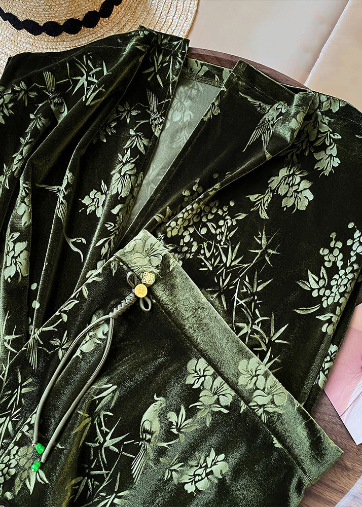 Chinese Style Green Print Back Open High Waist Silk Velvet Skirts