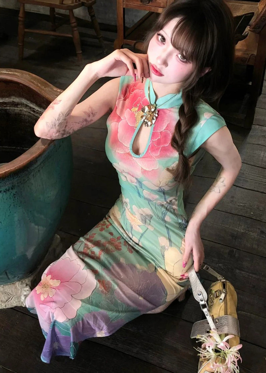 Chinese Style Green Print Side Open Long Dress Summer