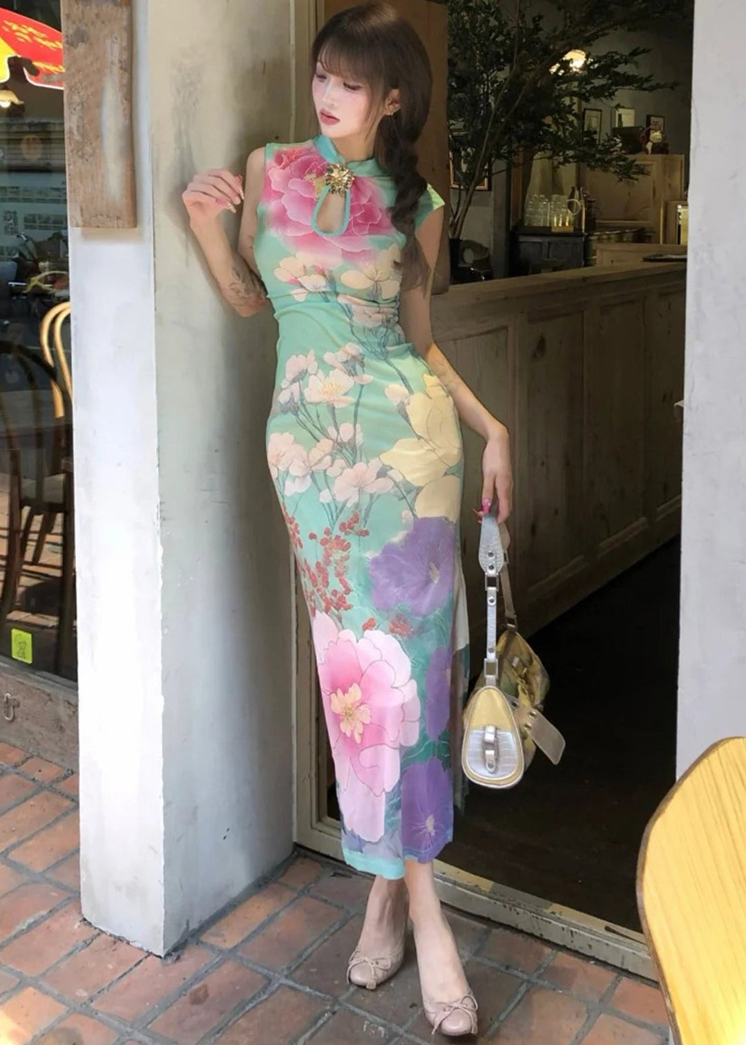 Chinese Style Green Print Side Open Long Dress Summer