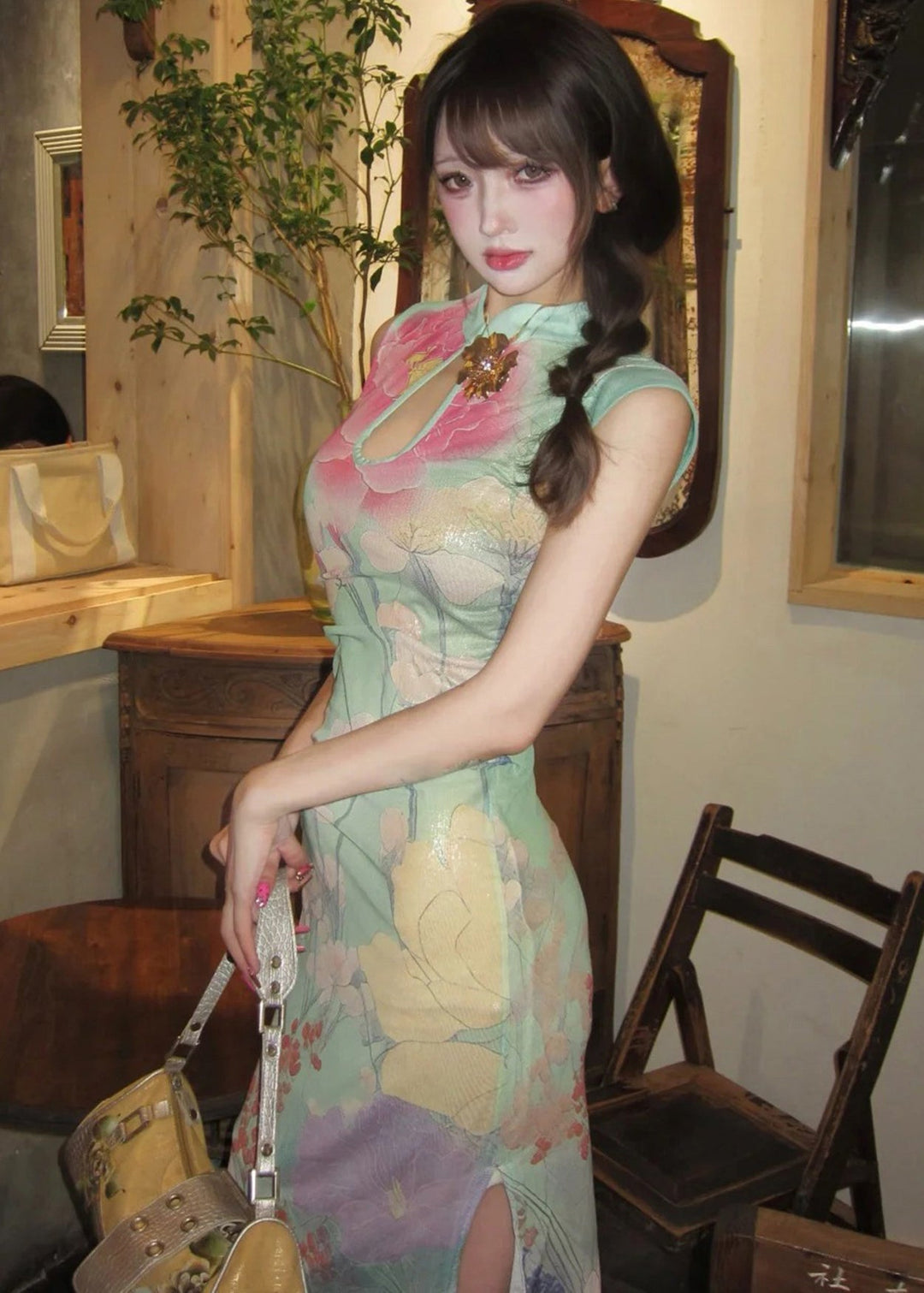 Chinese Style Green Print Side Open Long Dress Summer