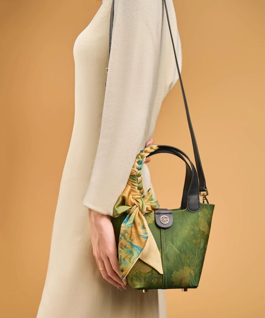 Chinese Style Green Print Silk Versatile Tote Handbag
