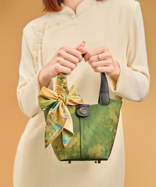 Chinese Style Green Print Silk Versatile Tote Handbag