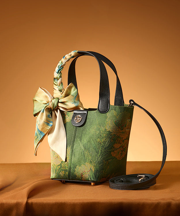 Chinese Style Green Print Silk Versatile Tote Handbag