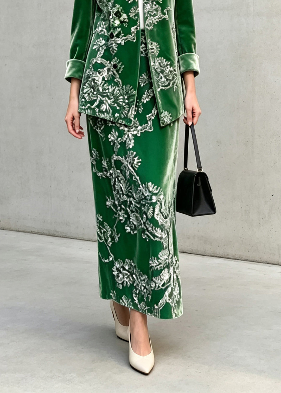 Chinese Style Green Sequins Velvet Top And Skirts Two Pieces Set Fall