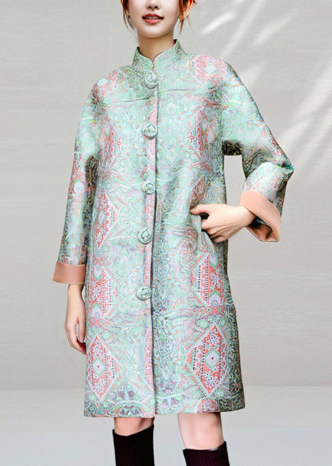 Chinese Style Green Stand Collar Button Pockets Thick Coats Fall