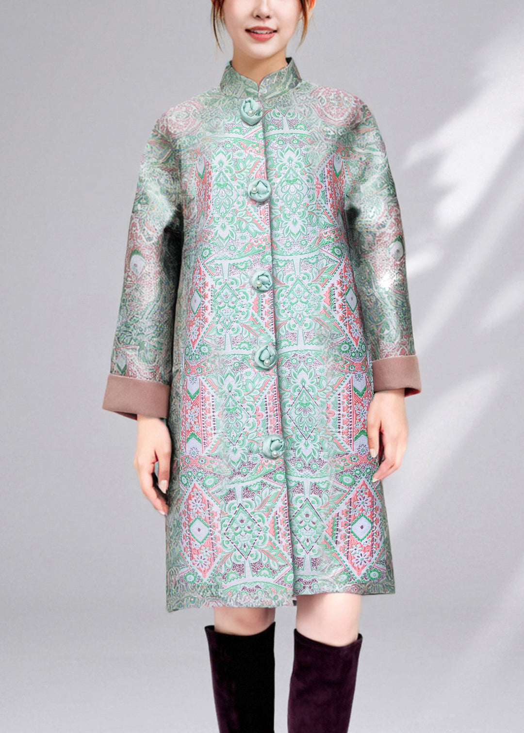 Chinese Style Green Stand Collar Button Pockets Thick Coats Fall