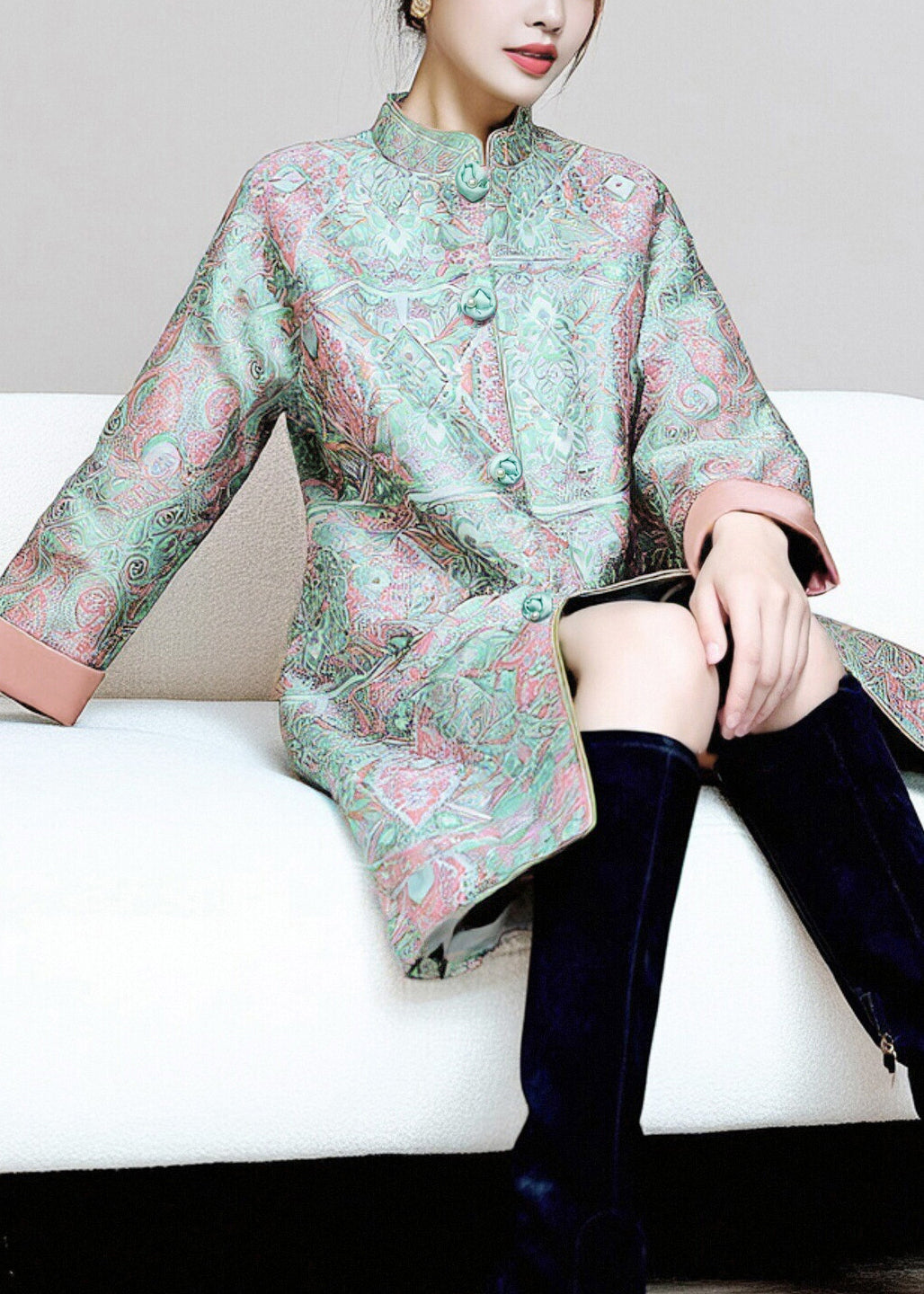 Chinese Style Green Stand Collar Button Pockets Thick Coats Fall