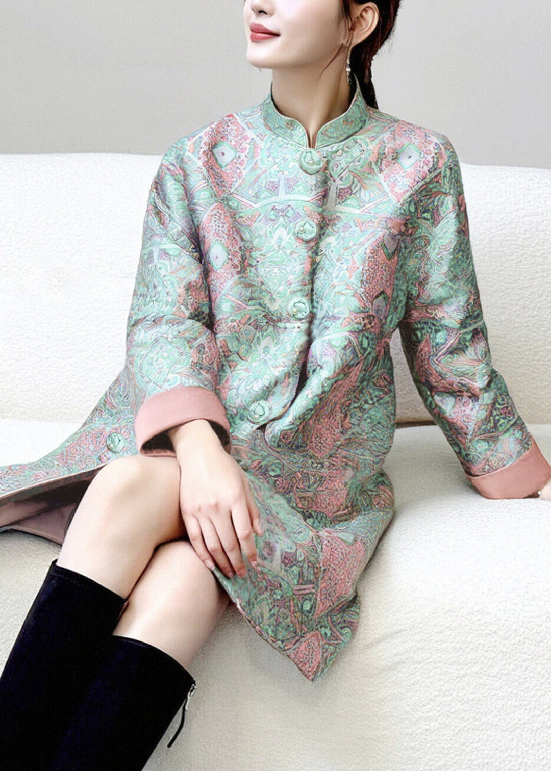 Chinese Style Green Stand Collar Button Pockets Thick Coats Fall