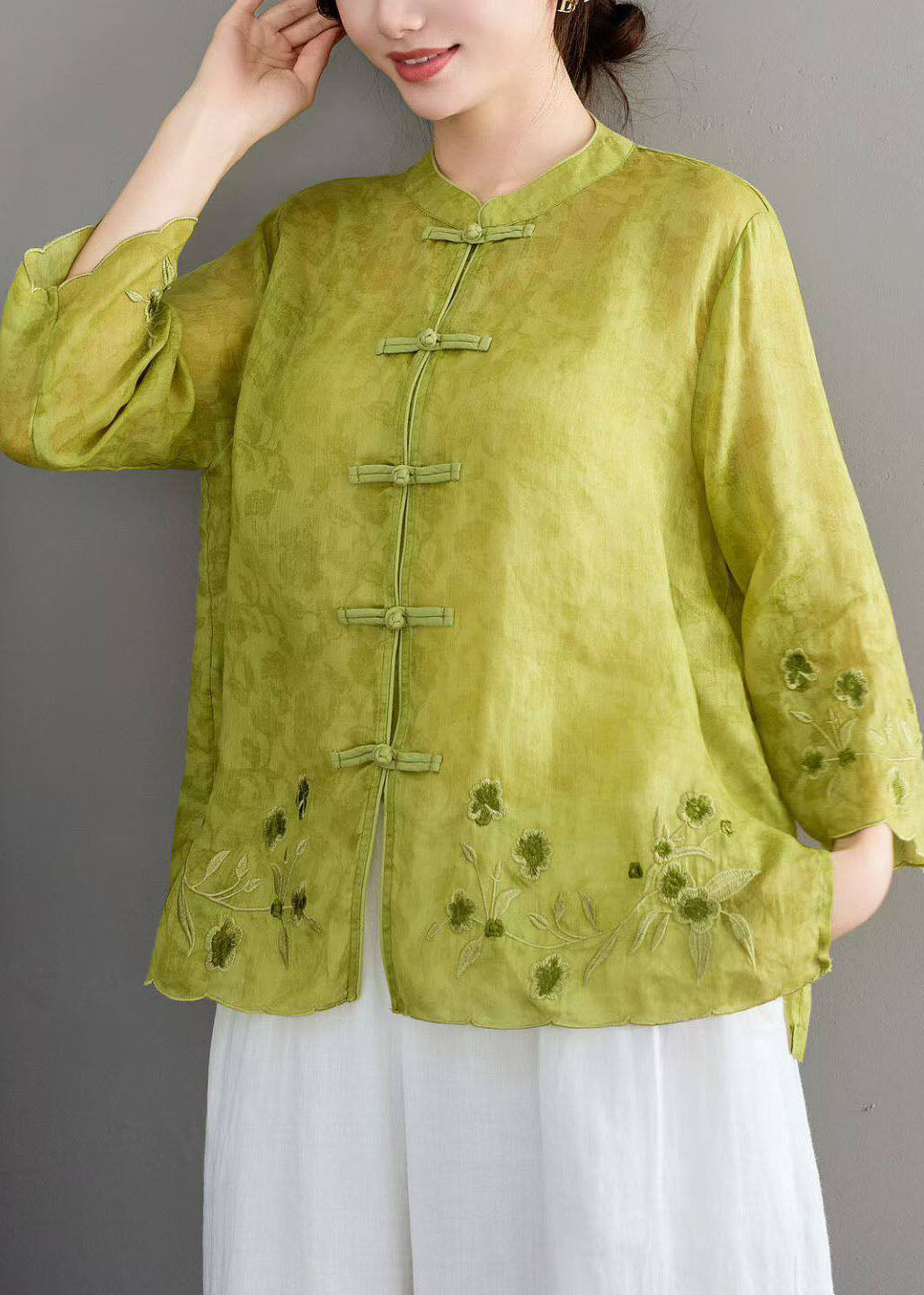 Chinese Style Green Stand Collar Embroidered Linen Shirt Bracelet Sleeve