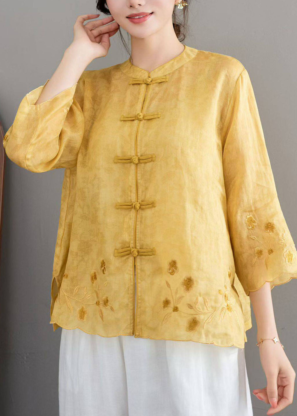 Chinese Style Green Stand Collar Embroidered Linen Shirt Bracelet Sleeve