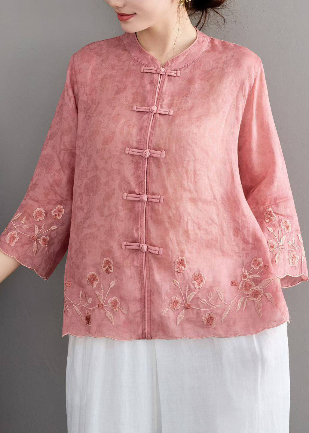 Chinese Style Green Stand Collar Embroidered Linen Shirt Bracelet Sleeve
