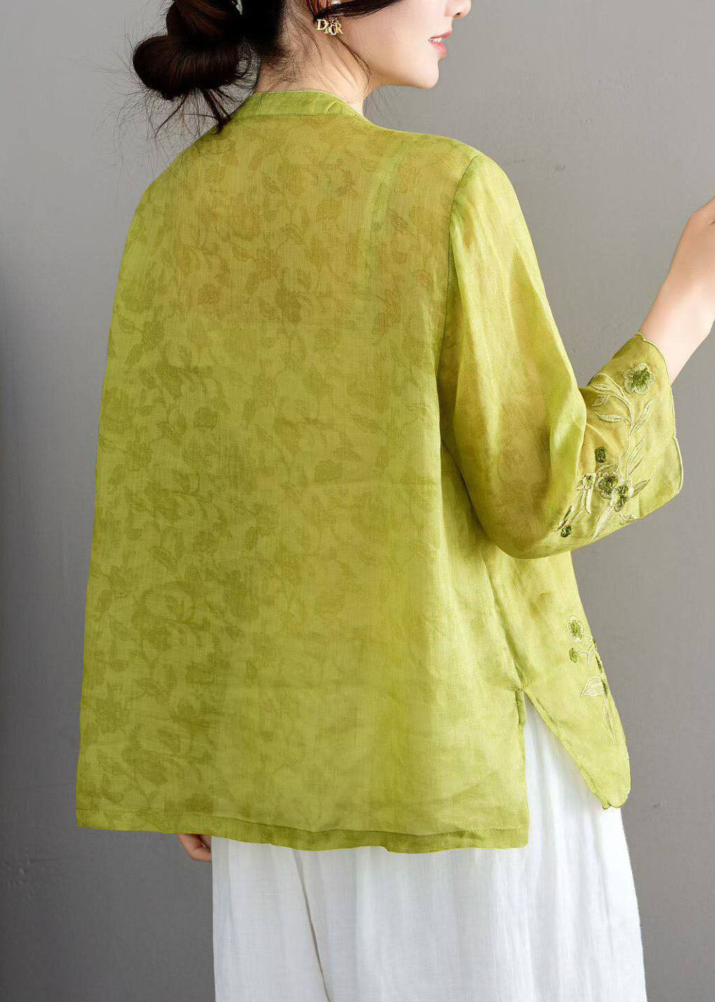 Chinese Style Green Stand Collar Embroidered Linen Shirt Bracelet Sleeve