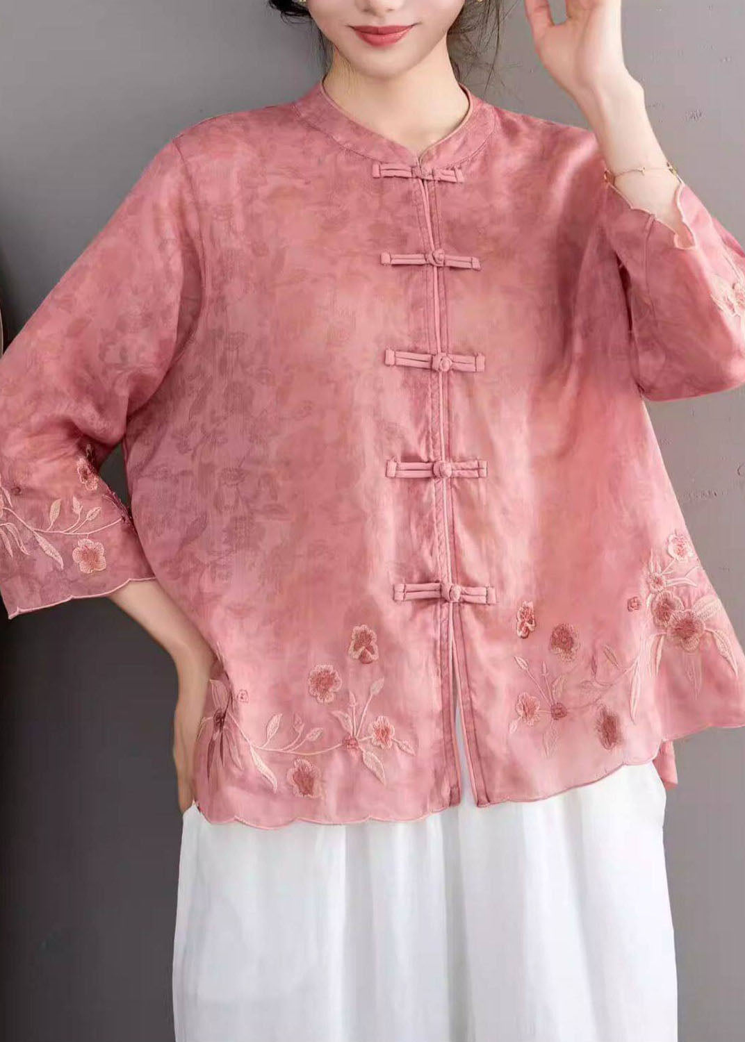 Chinese Style Green Stand Collar Embroidered Linen Shirt Bracelet Sleeve