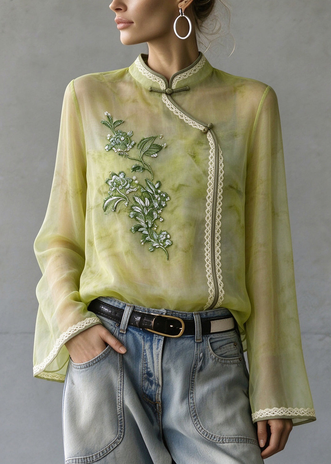 Chinese Style Green Stand Collar Embroidered Patchwork Silk Shirts Fall