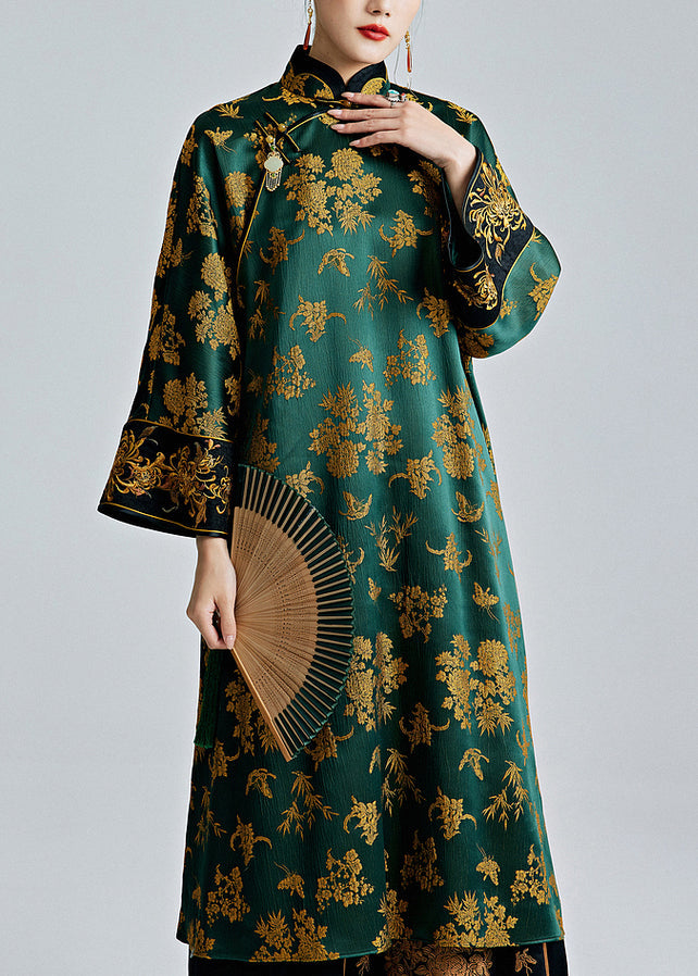 Chinese Style Green Stand Collar Jacquard Button Silk Dresses Spring