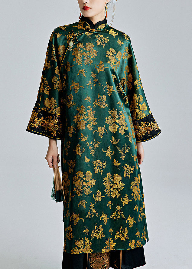 Chinese Style Green Stand Collar Jacquard Button Silk Dresses Spring