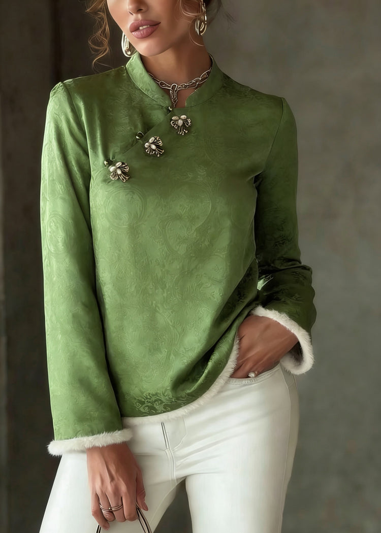 Chinese Style Green Stand Collar Patchwork Button Thick Silk Cotton Top Spring - Omychic