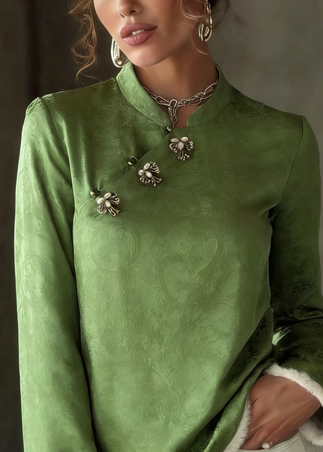 Chinese Style Green Stand Collar Patchwork Button Thick Silk Cotton Top Spring - Omychic