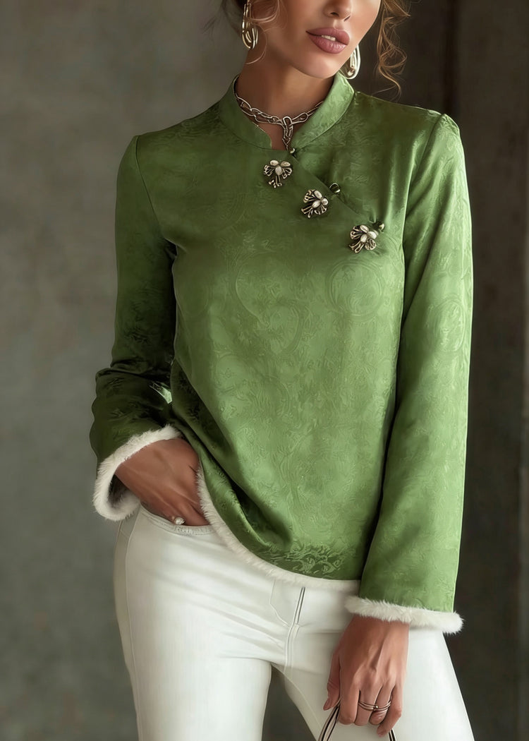 Chinese Style Green Stand Collar Patchwork Button Thick Silk Cotton Top Spring - Omychic