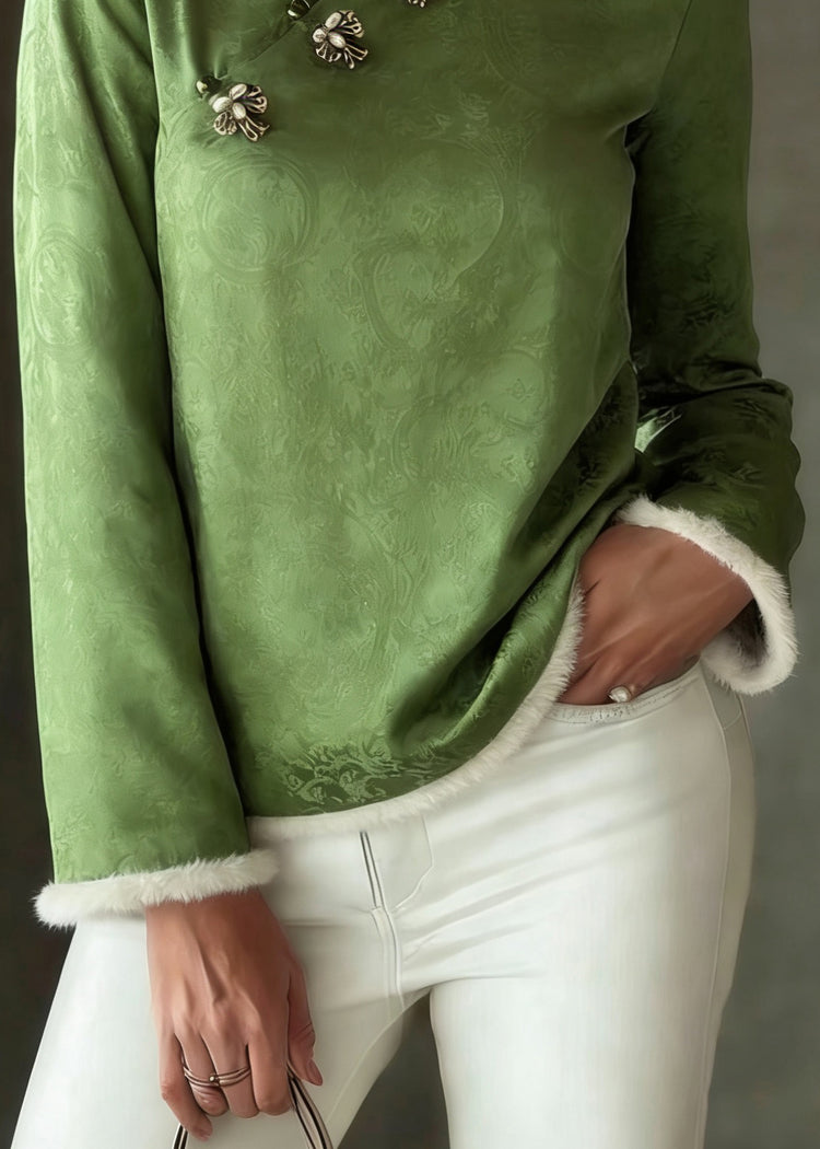 Chinese Style Green Stand Collar Patchwork Button Thick Silk Cotton Top Spring - Omychic
