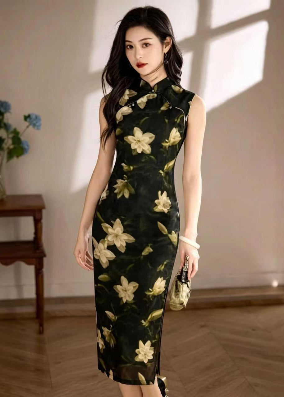 Chinese Style Green Stand Collar Print Side Open Dresses Sleeveless