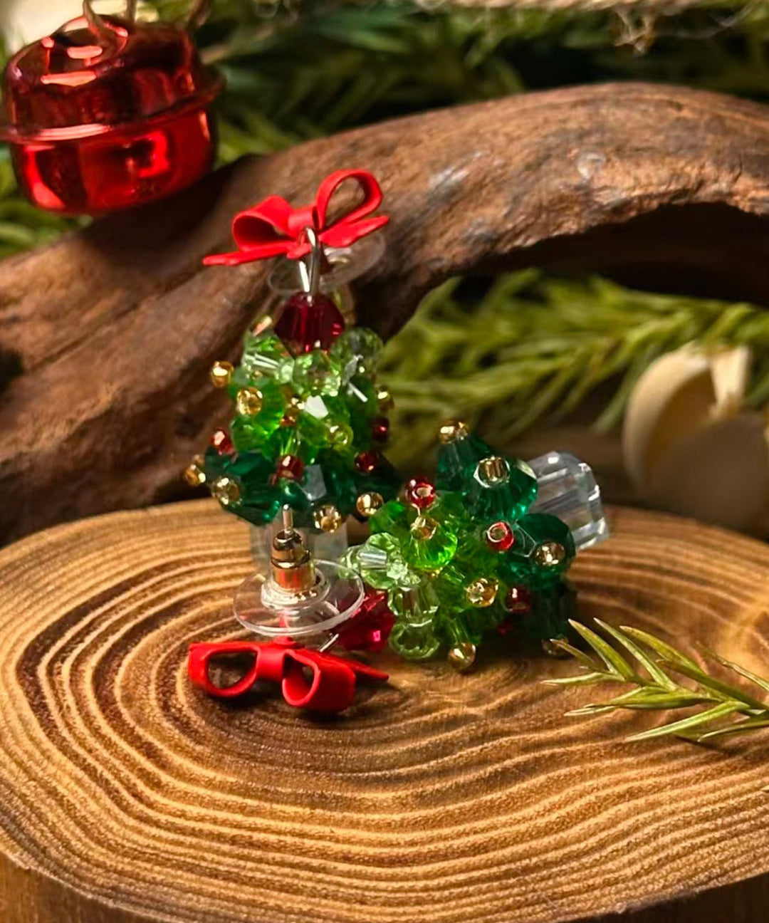 Chinese Style Green Sterling Silver Overgild Christmas Tree Bow Stud Earrings