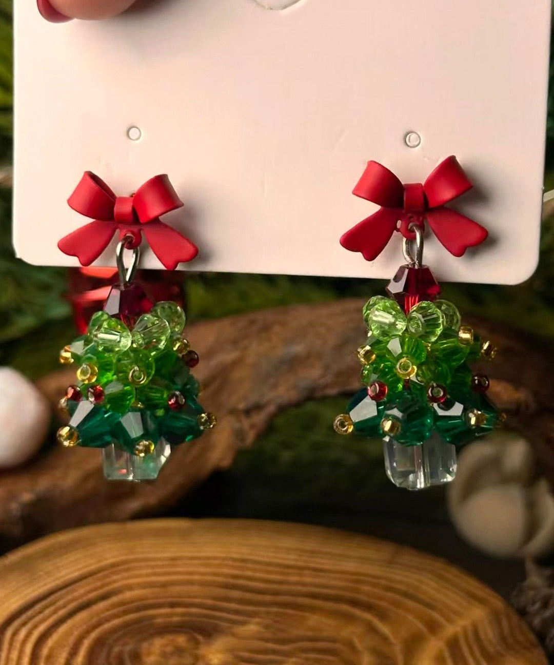 Chinese Style Green Sterling Silver Overgild Christmas Tree Bow Stud Earrings