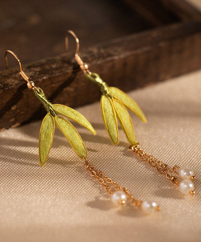 Chinese Style Green Sterling Silver Overgild Pearl Velvet Drop Earrings
