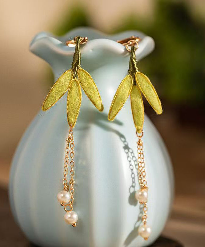 Chinese Style Green Sterling Silver Overgild Pearl Velvet Drop Earrings