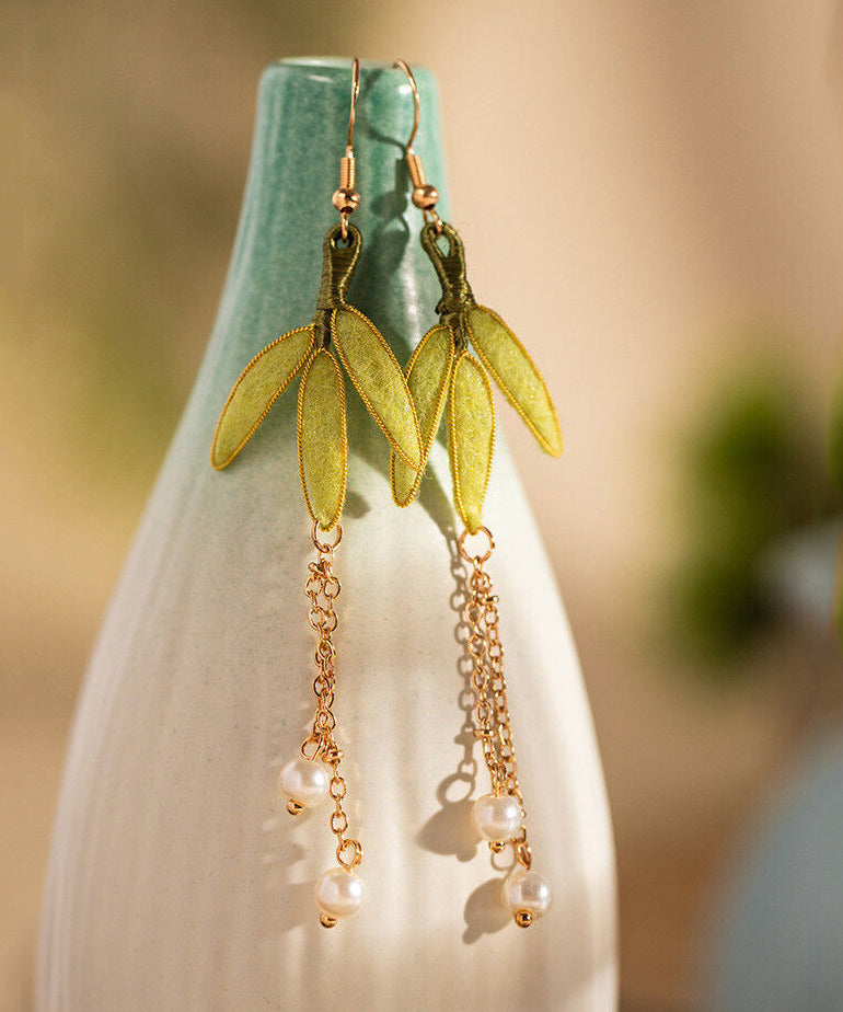 Chinese Style Green Sterling Silver Overgild Pearl Velvet Drop Earrings