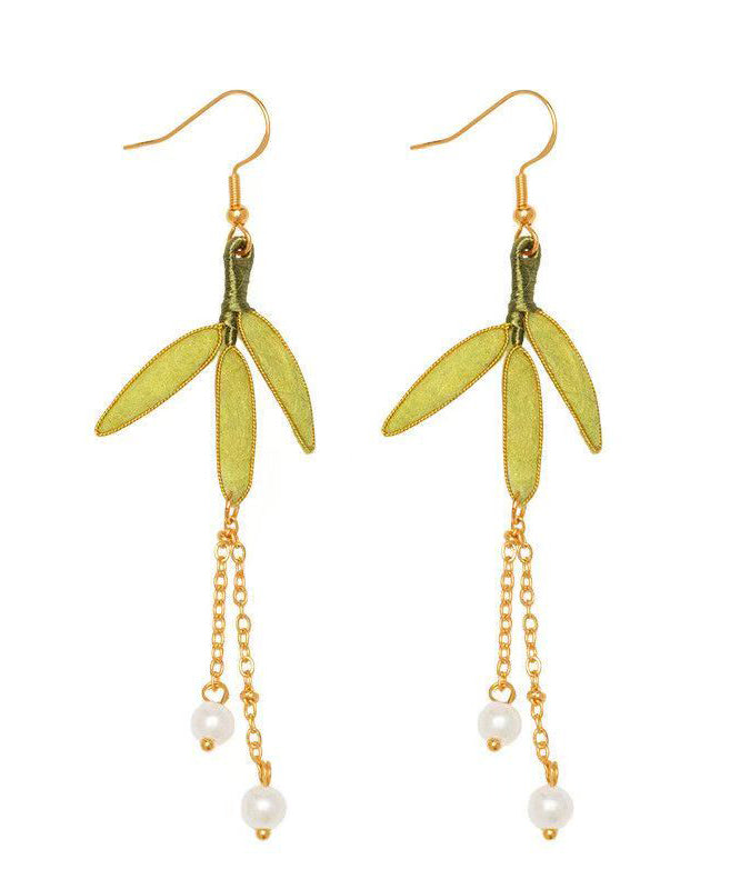 Chinese Style Green Sterling Silver Overgild Pearl Velvet Drop Earrings