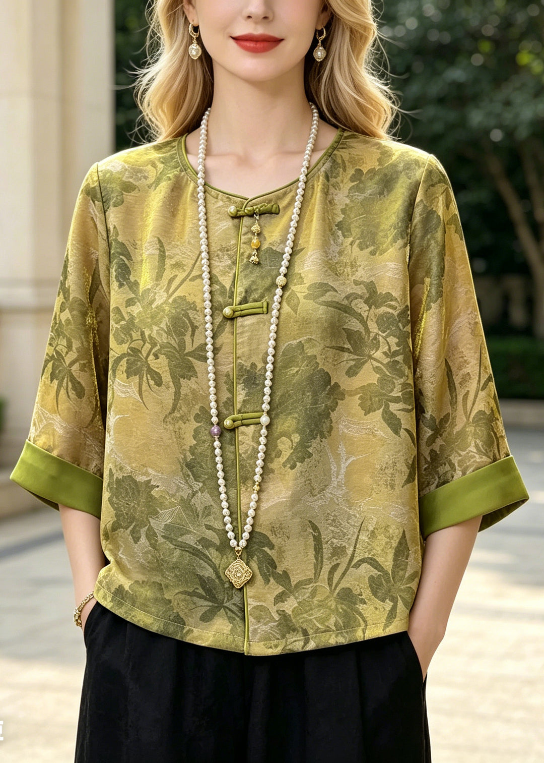 Chinese Style Green Tasseled Print Silk Shirt Top Summer