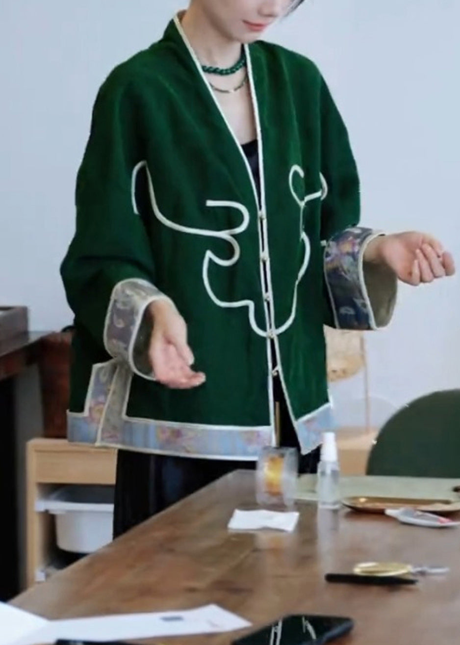 Chinese Style Green V Neck Patchwork Cotton Cardigan Fall