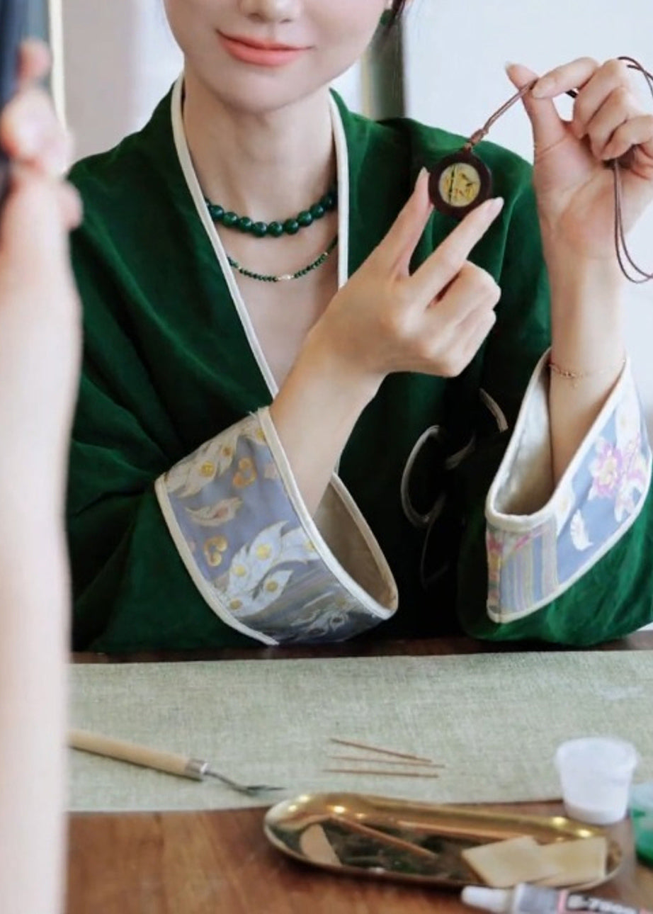 Chinese Style Green V Neck Patchwork Cotton Cardigan Fall