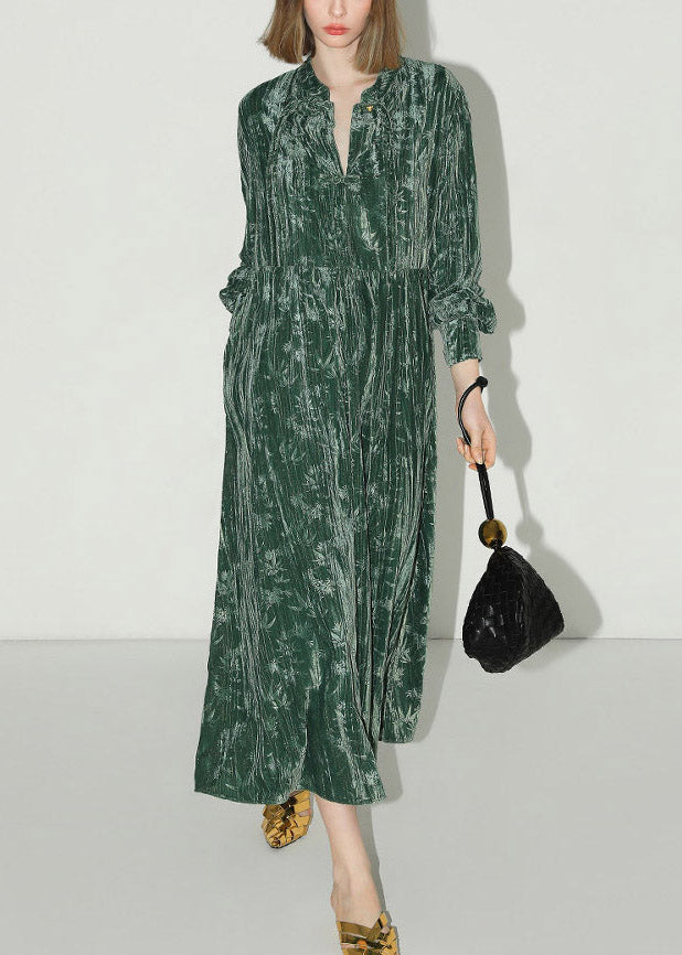 Chinese Style Green V Neck Print Silk Velvet Long Dress Lantern Sleeve