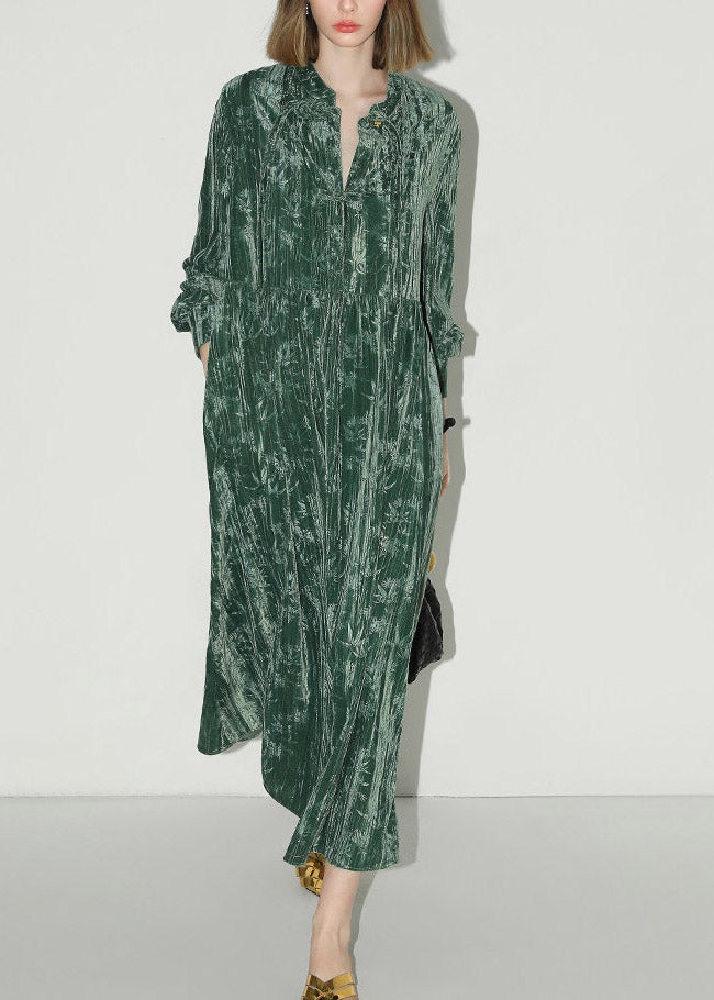 Chinese Style Green V Neck Print Silk Velvet Long Dress Lantern Sleeve