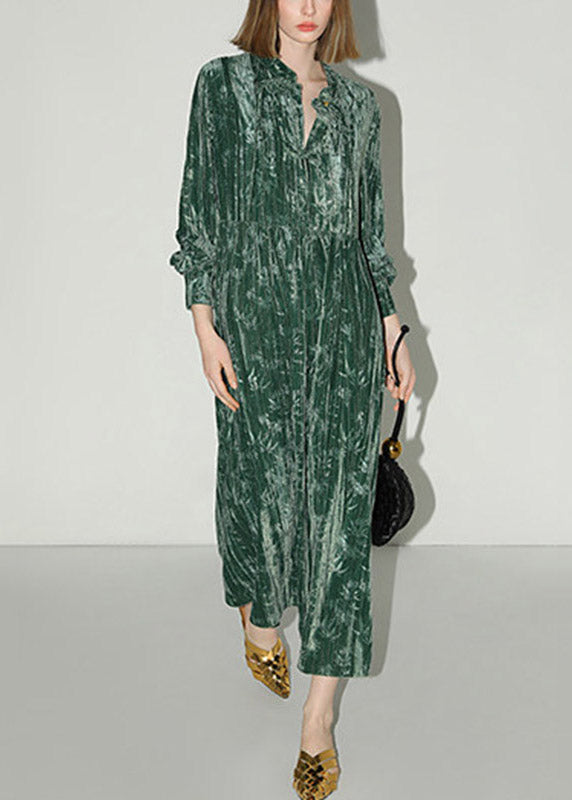 Chinese Style Green V Neck Print Silk Velvet Long Dress Lantern Sleeve