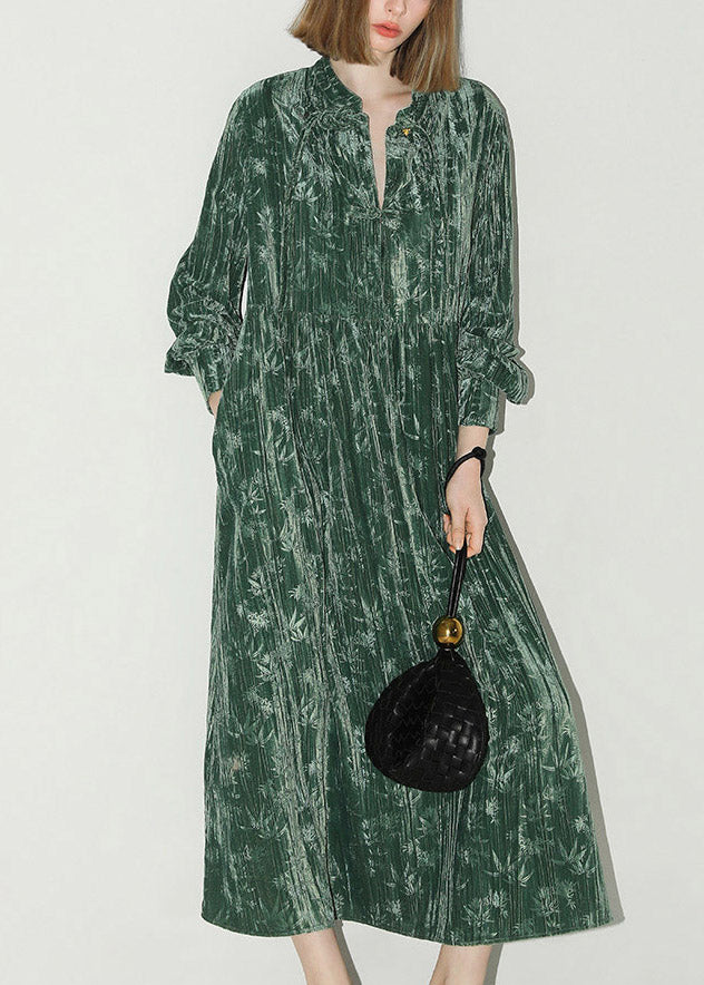 Chinese Style Green V Neck Print Silk Velvet Long Dress Lantern Sleeve