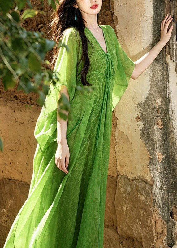 Chinese Style Green V Neck Tie Waist Chiffon Long Dresses Summer