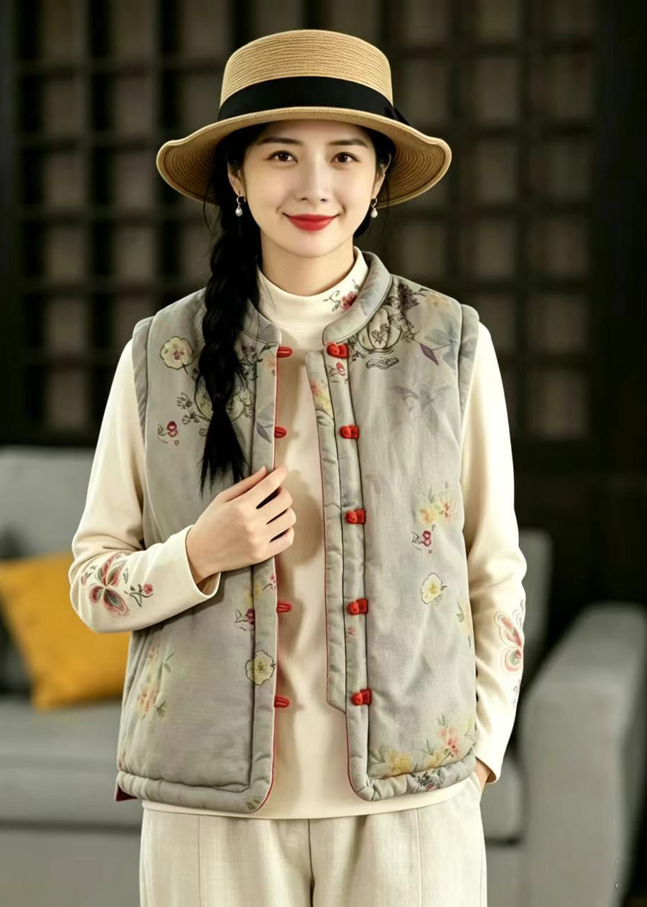 Chinese Style Grey Blue Print Stand Collar Reversible Cotton Filled Vest Fall