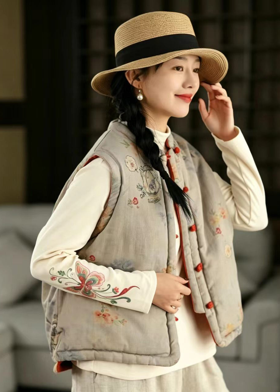 Chinese Style Grey Blue Print Stand Collar Reversible Cotton Filled Vest Fall