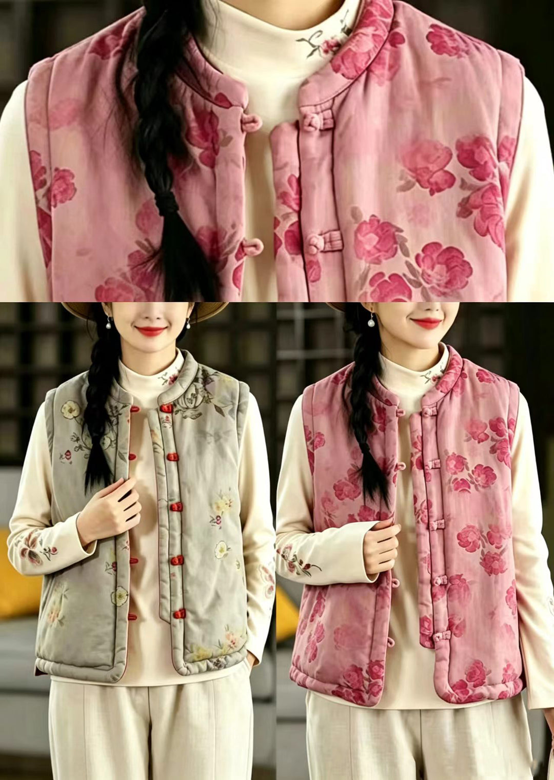 Chinese Style Grey Blue Print Stand Collar Reversible Cotton Filled Vest Fall