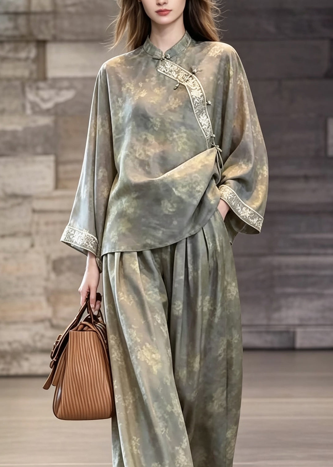 Chinese Style Grey Print Oriental Button Silk Two Pieces Set Fall