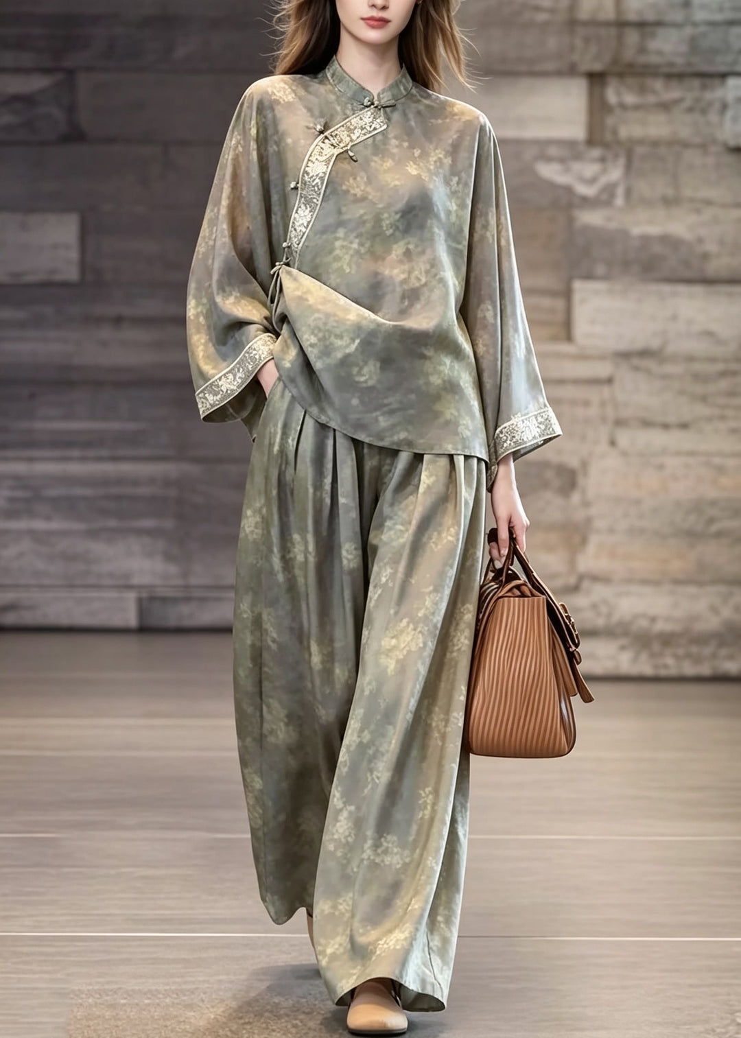 Chinese Style Grey Print Oriental Button Silk Two Pieces Set Fall