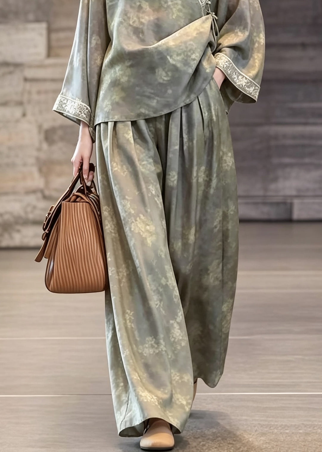Chinese Style Grey Print Oriental Button Silk Two Pieces Set Fall