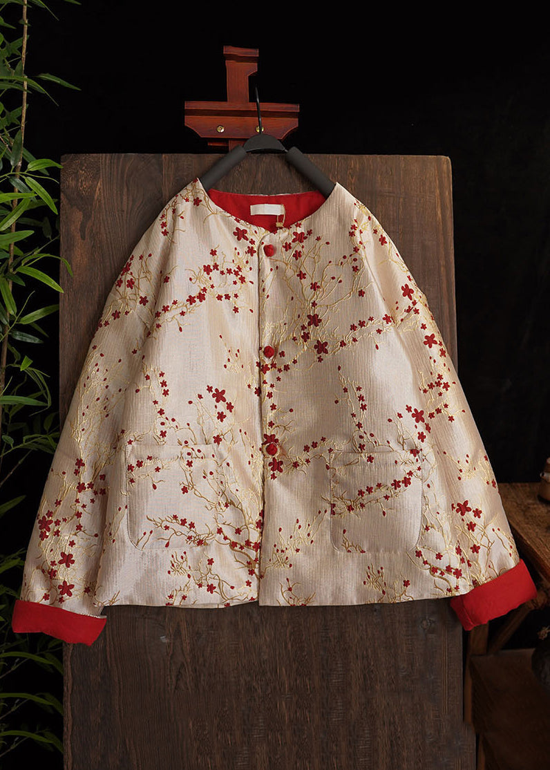 Chinese Style Jacquard Button Pockets Cotton Filled Coats Spring