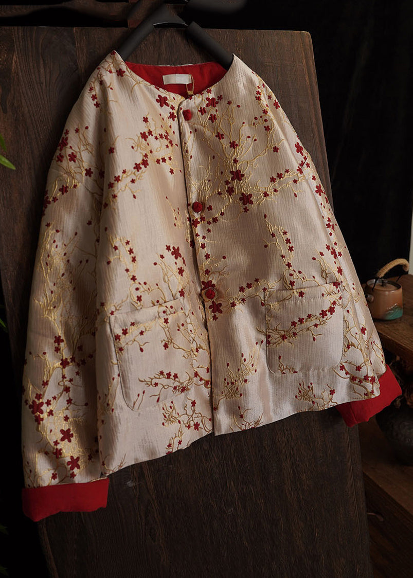 Chinese Style Jacquard Button Pockets Cotton Filled Coats Spring