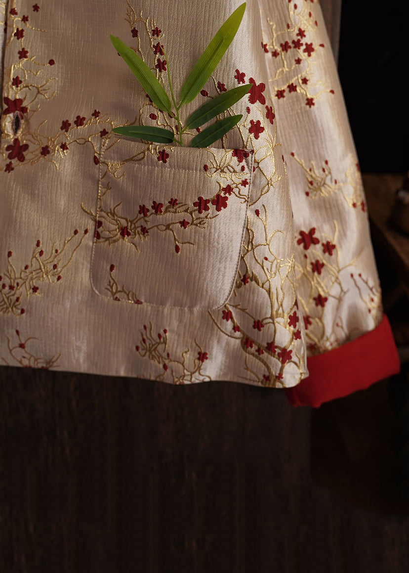 Chinese Style Jacquard Button Pockets Cotton Filled Coats Spring