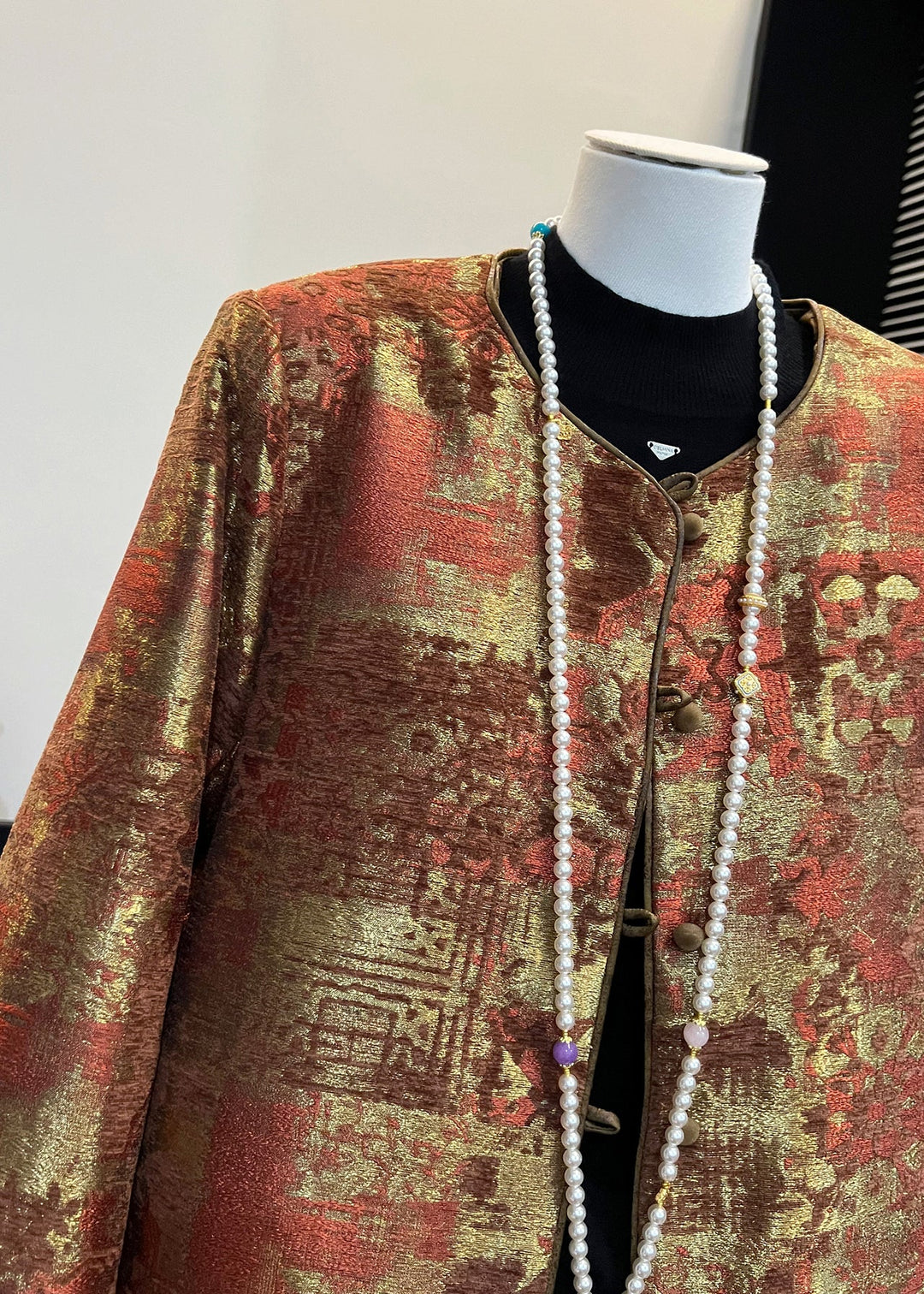 Chinese Style Khaki Oversized Jacquard Silk Coats Spring