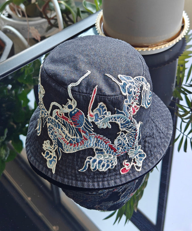 Chinese Style Light Blue Embroidered Denim Bucket Hat